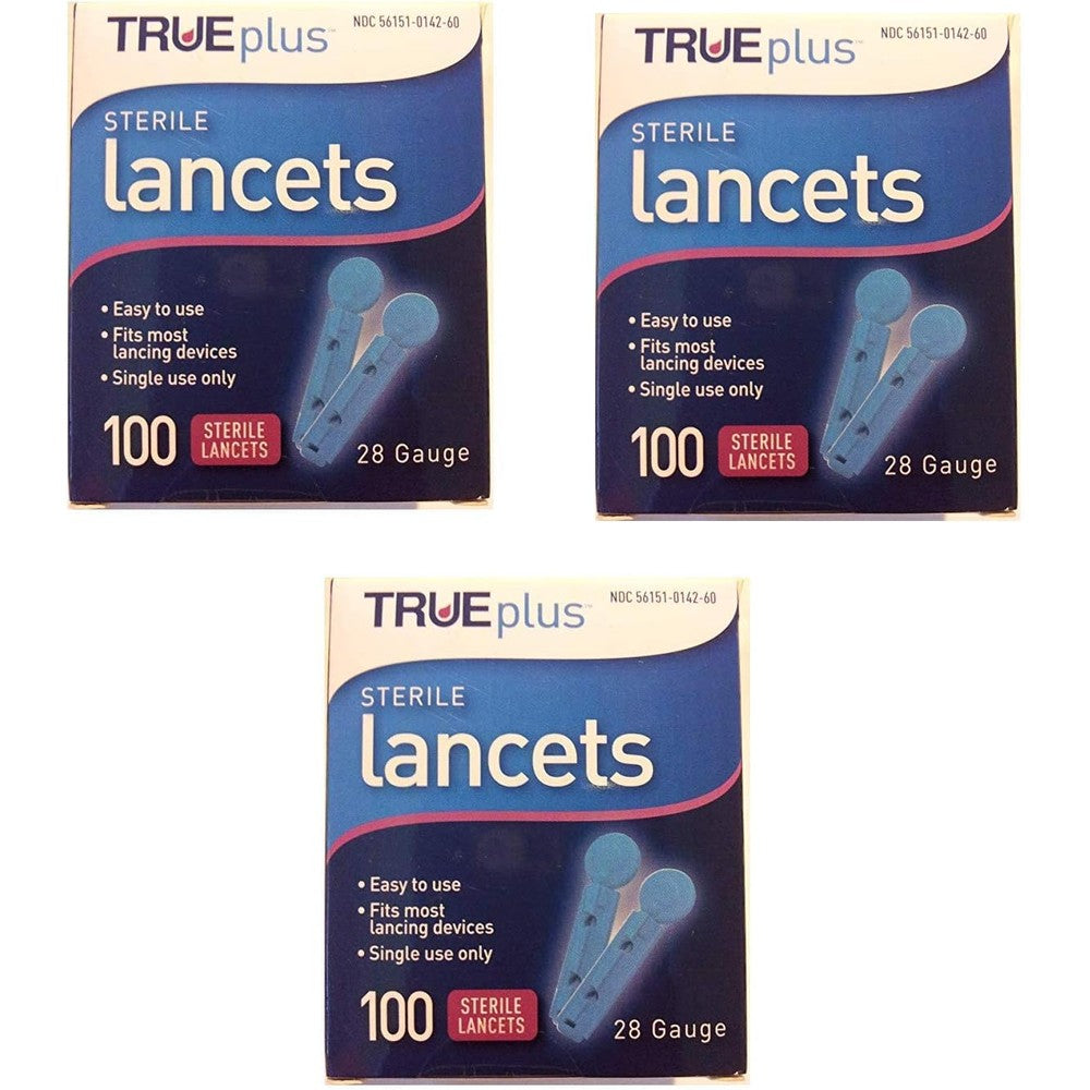 Melarqt TruePlus Sterile Lancets 28 Gauge three hundred count packaging front view for diabetic blood sampling