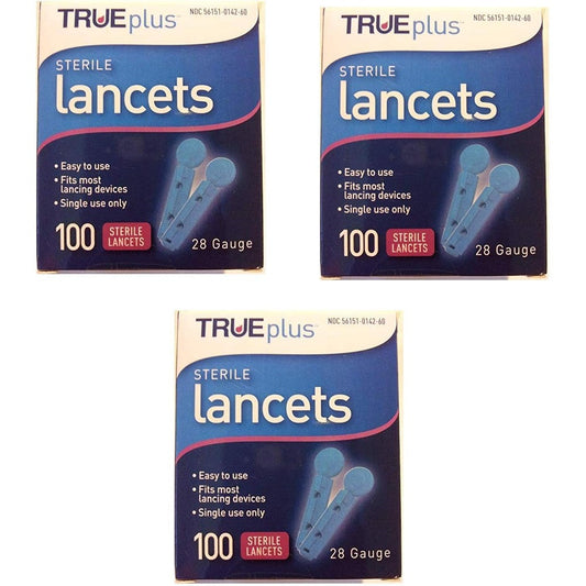 Melarqt TruePlus Sterile Lancets 28 Gauge three hundred count packaging front view for diabetic blood sampling