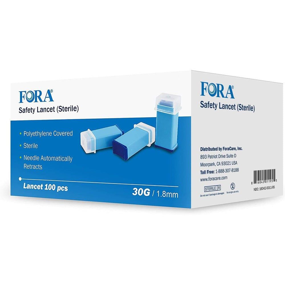 FORA Sterile Safety Lancet 100 count front box view for blood glucose testing