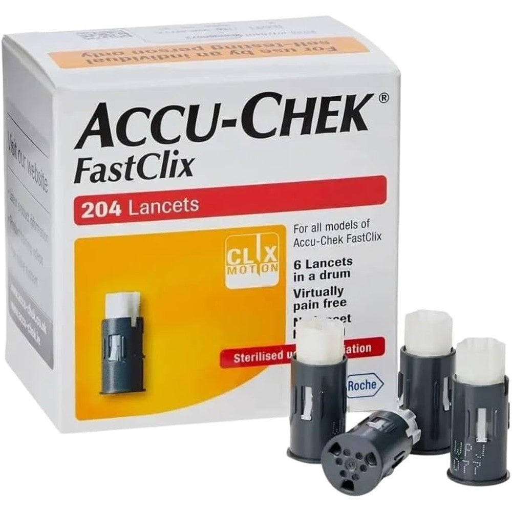 Accu-Chek FastClix Lancets pack of 204 box front view for diabetic blood glucose testing