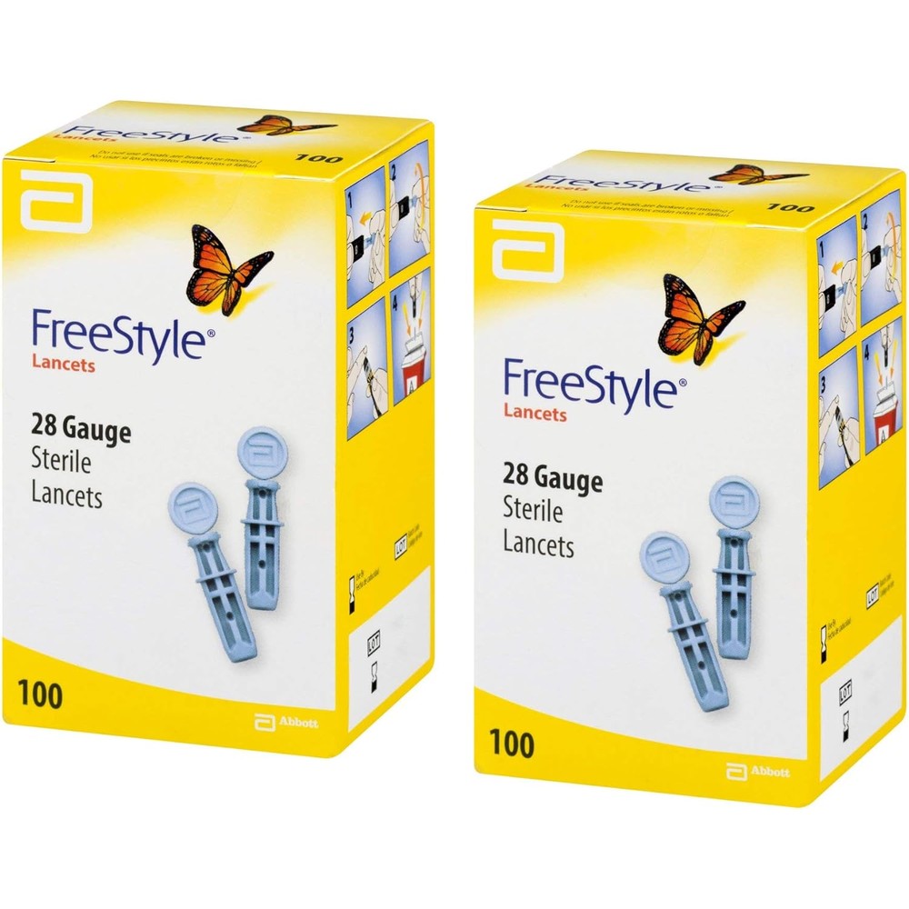 Abbott Labs FreeStyle Sterile Lancets 28 Gauge 200 Count box front view for diabetic blood glucose testing.