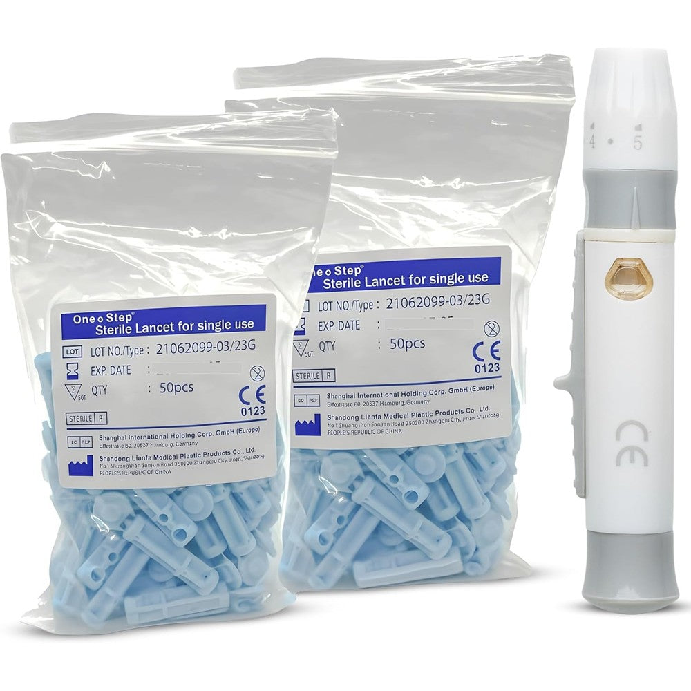 One Step lancing device and lancets kit front view showcasing the white sampling pen and blue twist top needles.