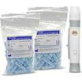 One Step lancing device and lancets kit front view showcasing the white sampling pen and blue twist top needles.