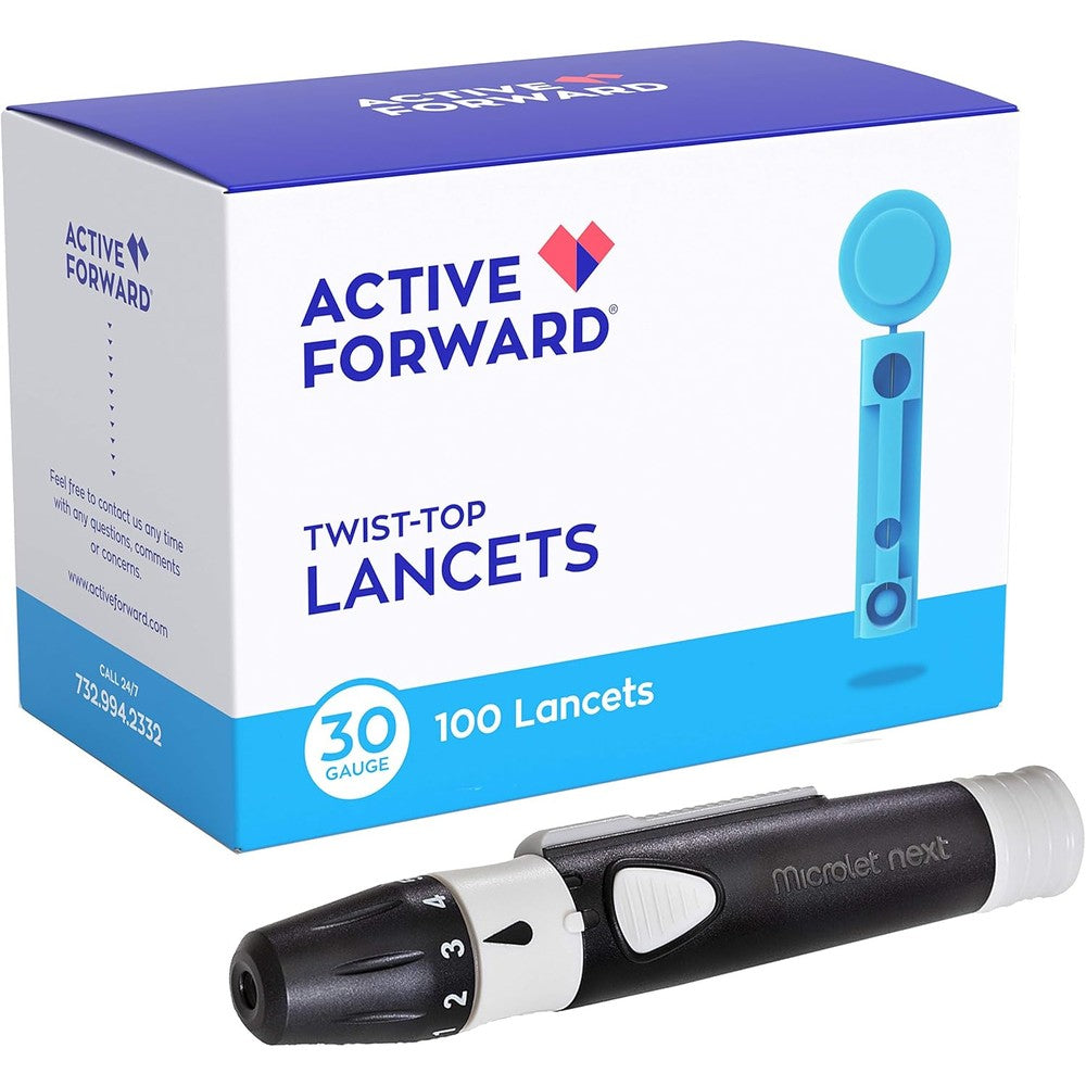 Active Forward Microlet Lancing Device and 100 Lancets kit front view showcasing the adjustable dial and packaging box.
