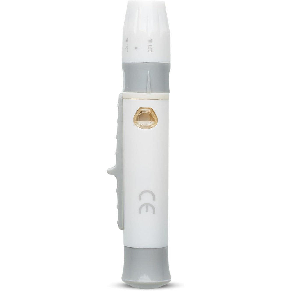 One Step lancing device pen front view for blood sampling.