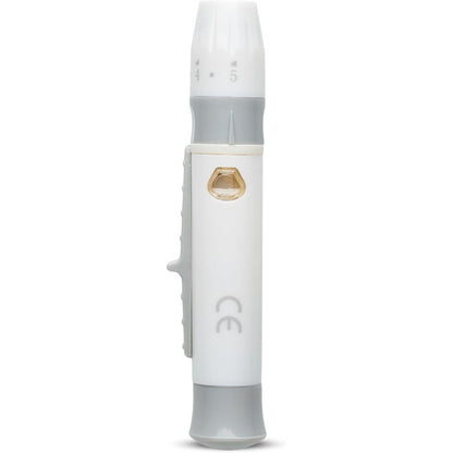 One Step lancing device pen front view for blood sampling.