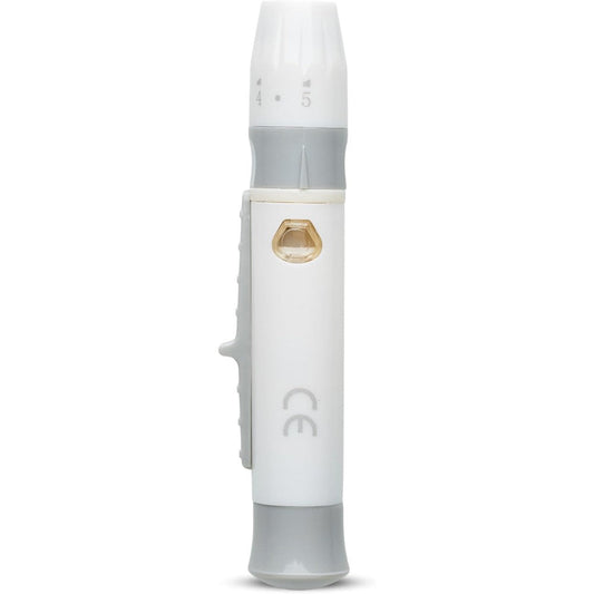 One Step lancing device pen front view for blood sampling.