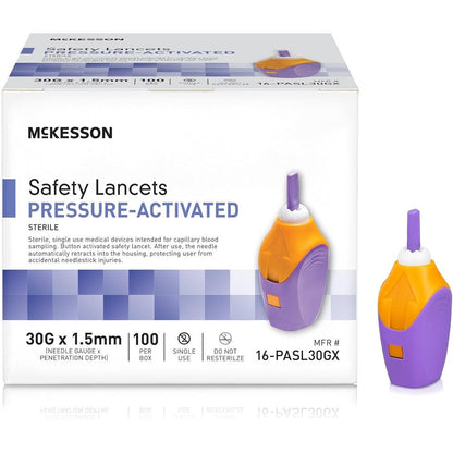 McKesson Safety Lancet 30 Gauge front view of the packaging box and purple lancet devices.