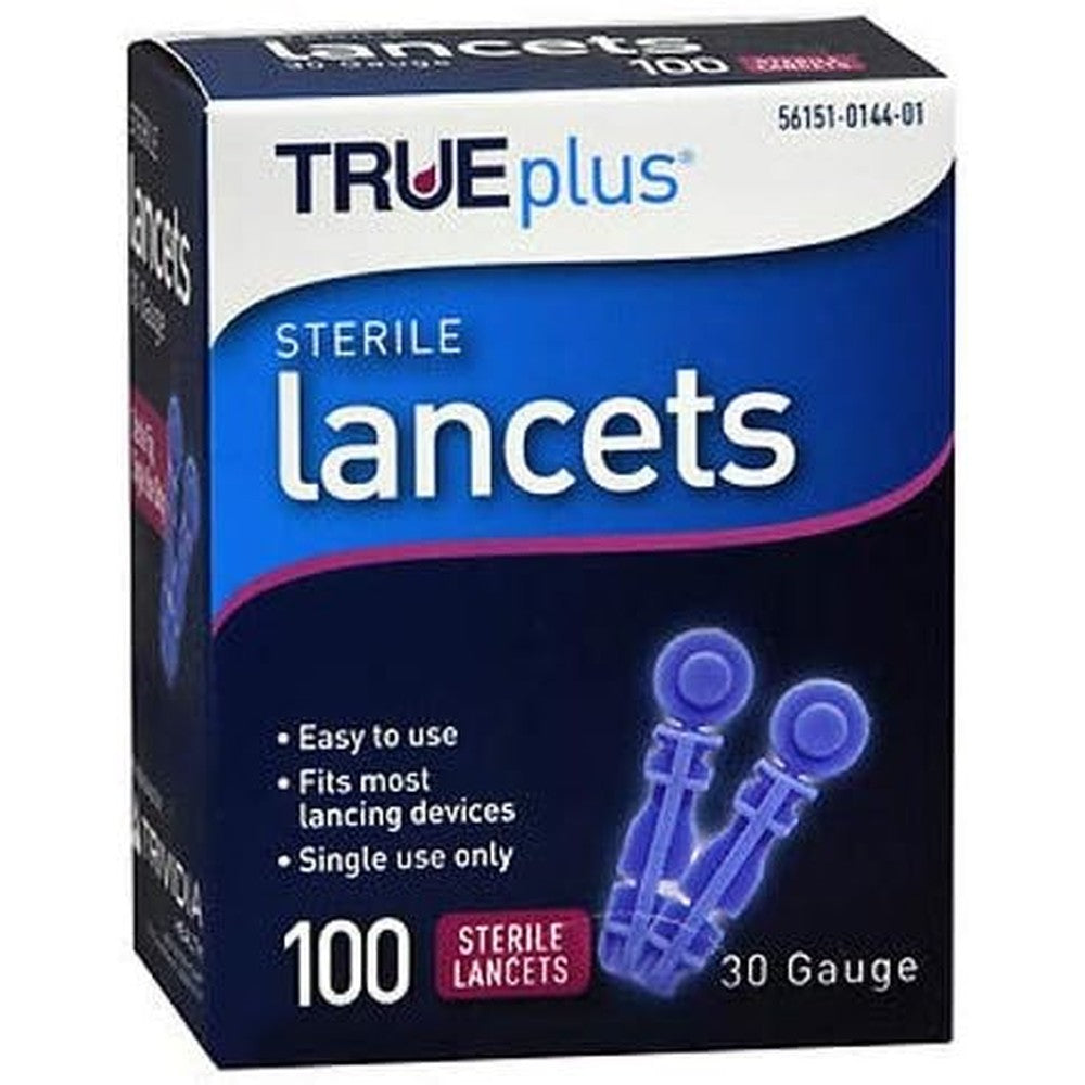 TRUEplus Sterile Lancets 30 Gauge 100 Count front view box packaging highlighting the universal twist top feature.