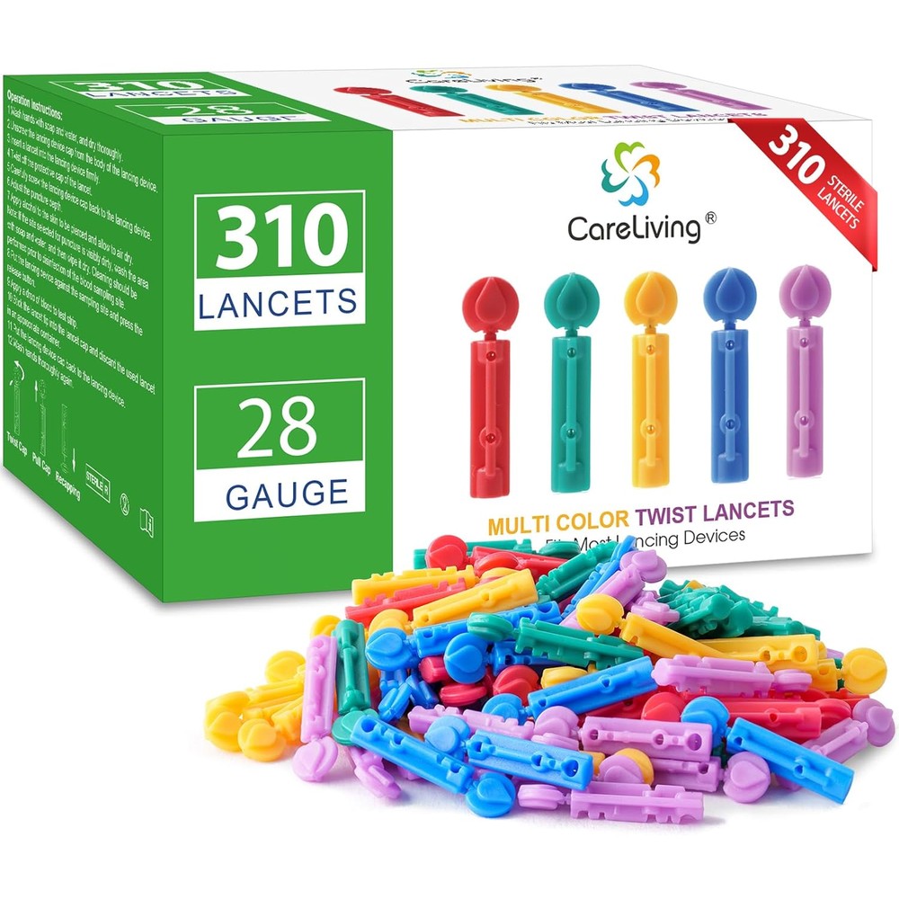 CareLiving Lancets For Diabetes Testing front packaging box view showing the colorful sterile twist top design.