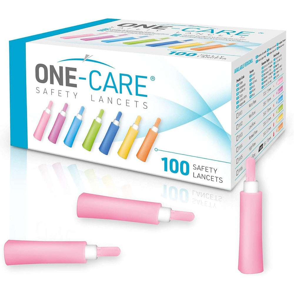 ONE-CARE Safety Lancets 100 count box front view for diabetic blood glucose testing.