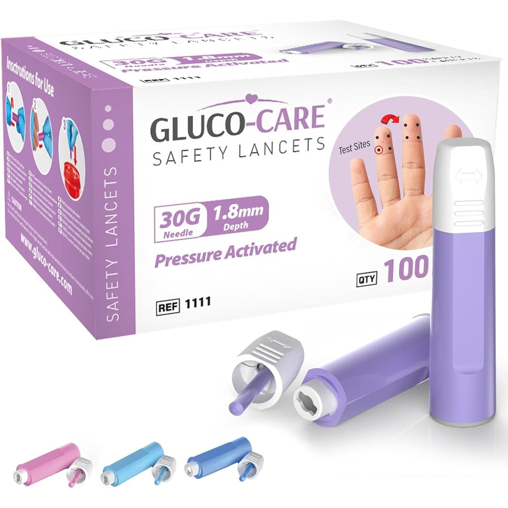 GLUCO-CARE Safety Lancets 30G front box packaging for blood glucose testing