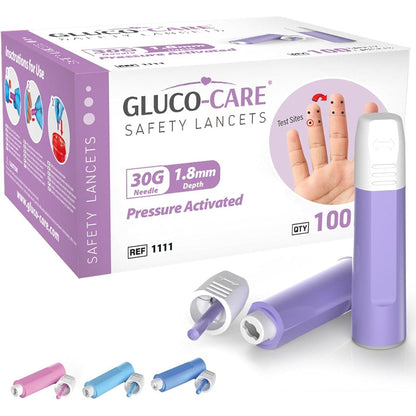 GLUCO-CARE Safety Lancets 30G front box packaging for blood glucose testing