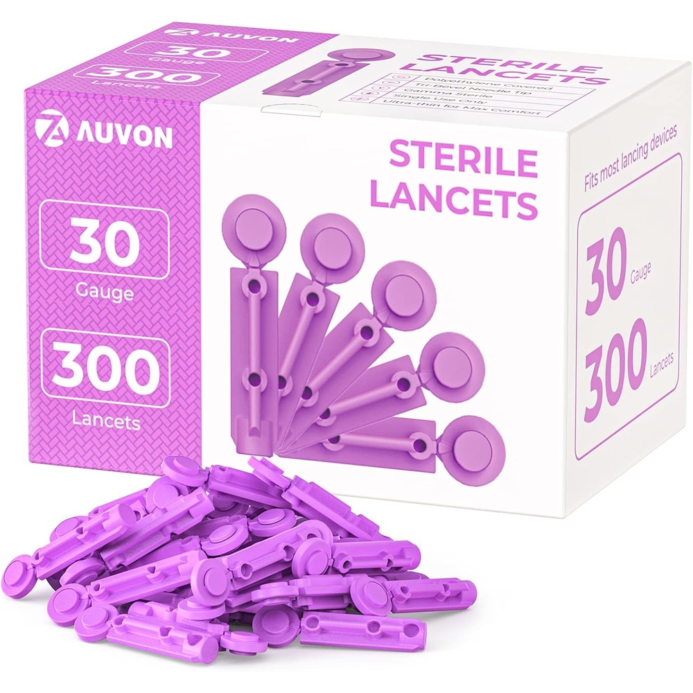 AUVON Blood Lancets 30 Gauge 300 Count box front view for painless glucose testing