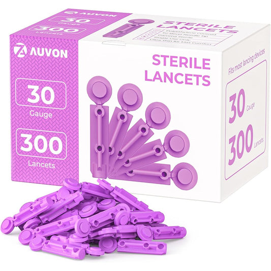 AUVON Blood Lancets 30 Gauge 300 Count box front view for painless glucose testing