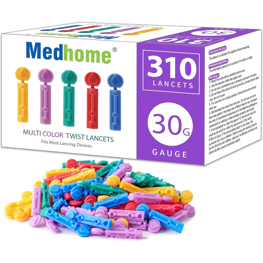 Medhome Blood Lancets front packaging showing 310 count multi-color box for blood glucose testing.