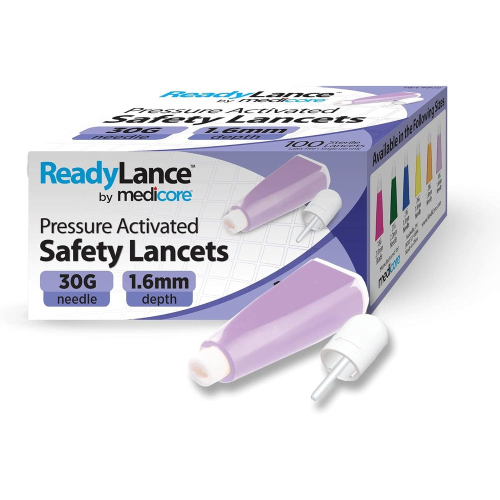 ReadyLance Pressure Activated Safety Lancets front packaging view showcasing the purple 100 count box.