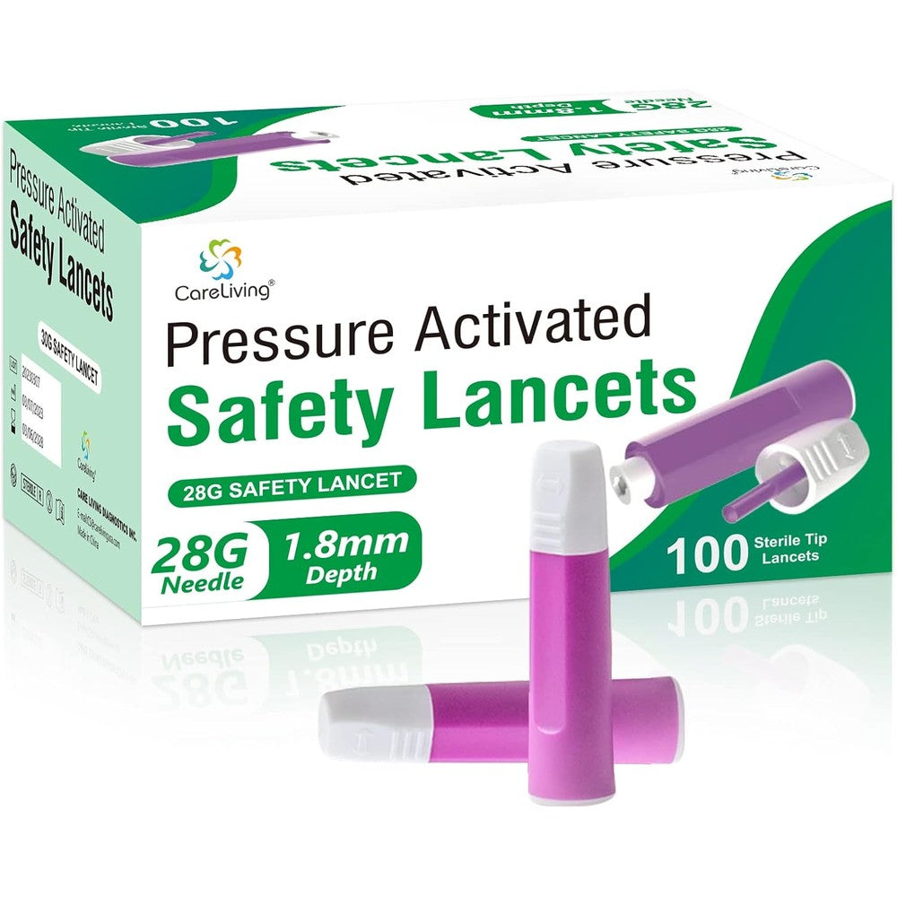 CARELIVING Safety Lancets 100 count front box view for diabetic blood glucose testing.