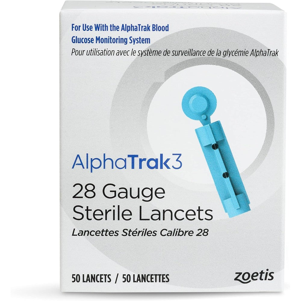 AlphaTrak 3 28 Gauge Sterile Lancets 50 Count box front view for pet diabetes monitoring