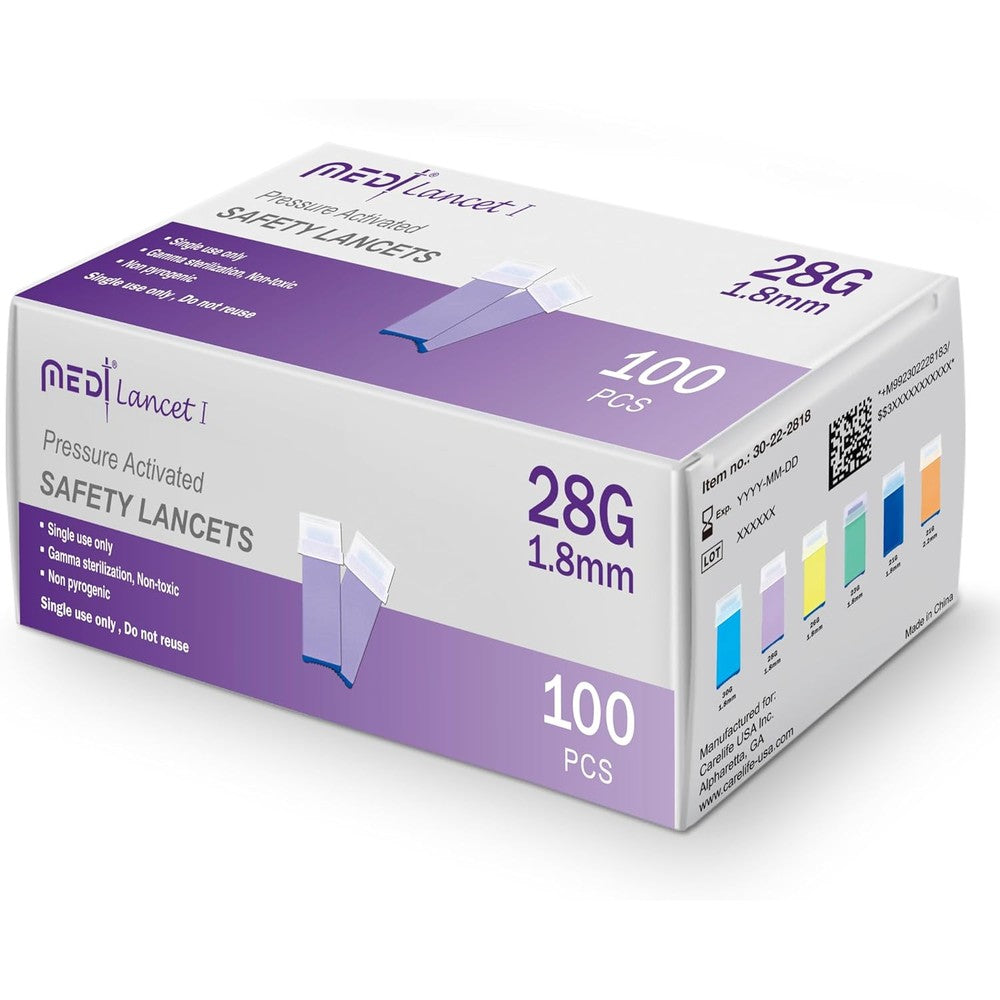 Medt Pressure Activated Safety Lancets 100 pack front view packaging