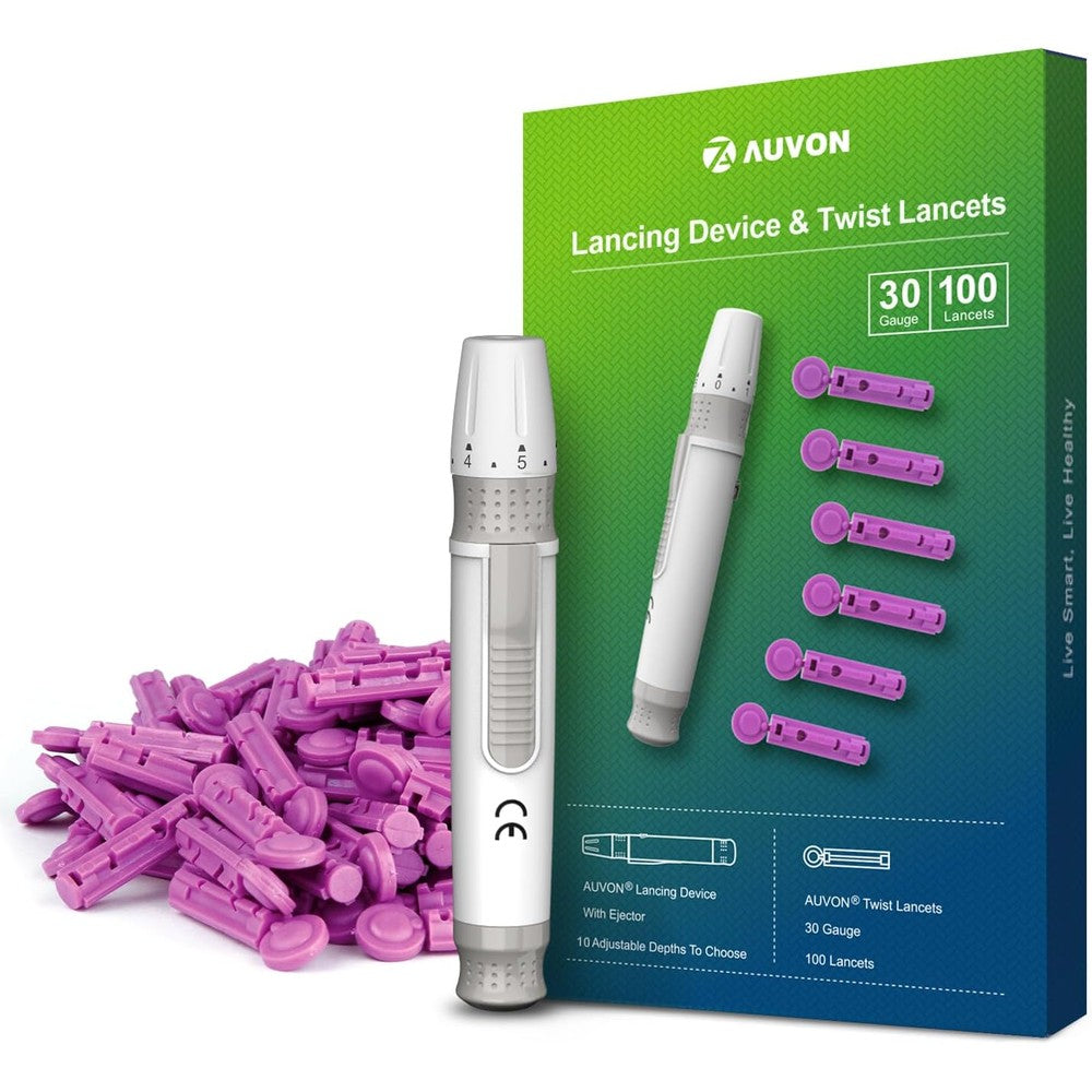 AUVON lancing device and lancets kit front view for painless blood sugar testing