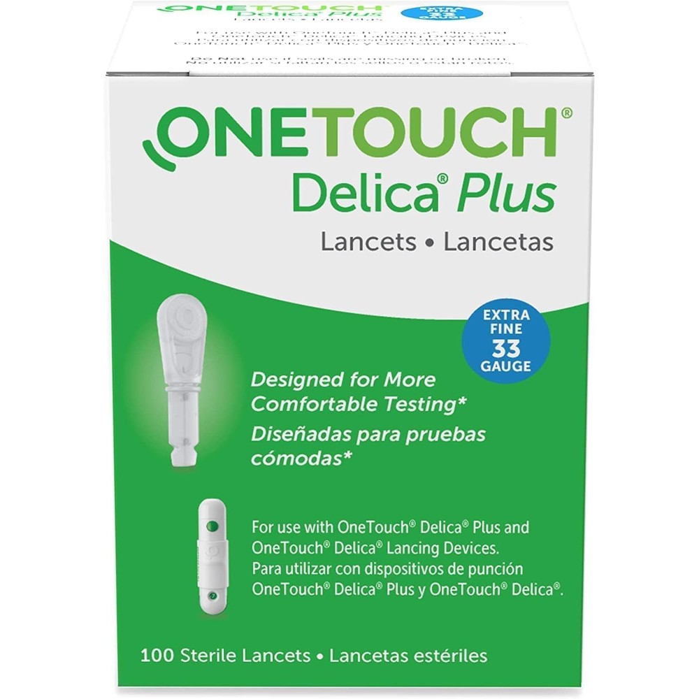 OneTouch Delica Plus Lancets 33 Gauge 100 Count box front view showcasing packaging layout and product specifications