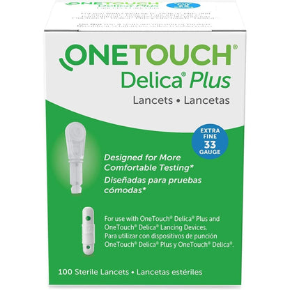 OneTouch Delica Plus Lancets 33 Gauge 100 Count box front view showcasing packaging layout and product specifications
