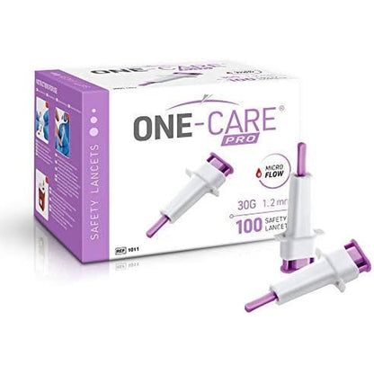ONE-CARE PRO Safety Lancets front view packaging of the 100 count box.