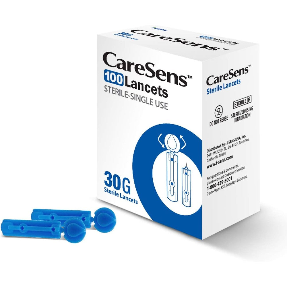 CareSens 30G Sterile Ultra Thin Universal Lancets 100 Count front view box packaging