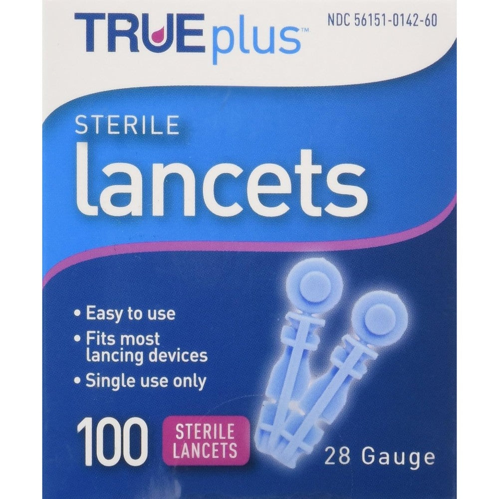Prestige TRUEplus Sterile Lancets 28 Gauge 100 Count front box view for blood glucose monitoring.