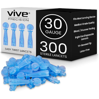 Vive Precision Easy Twist Lancets box front view showing 300 count packaging for blood glucose monitoring