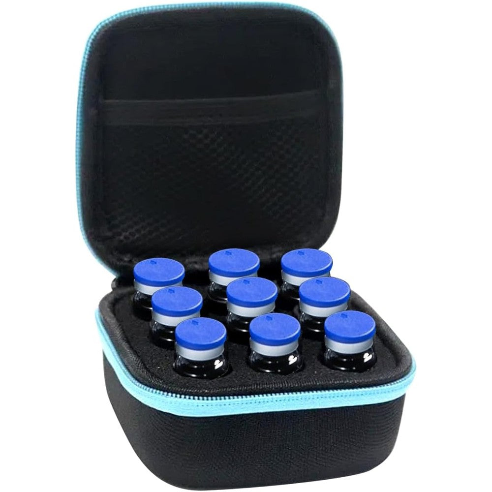 AJFHKJ insulin fridge holder storage case front view showing black exterior with blue trim accents.