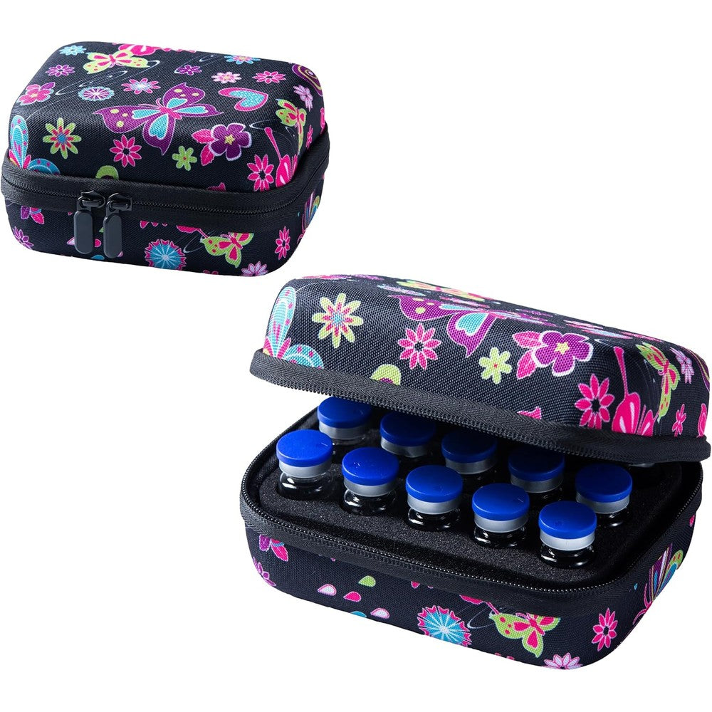 MiloZen 15 slots butterfly insulin vial storage case front view showing protective hard shell medication organizer