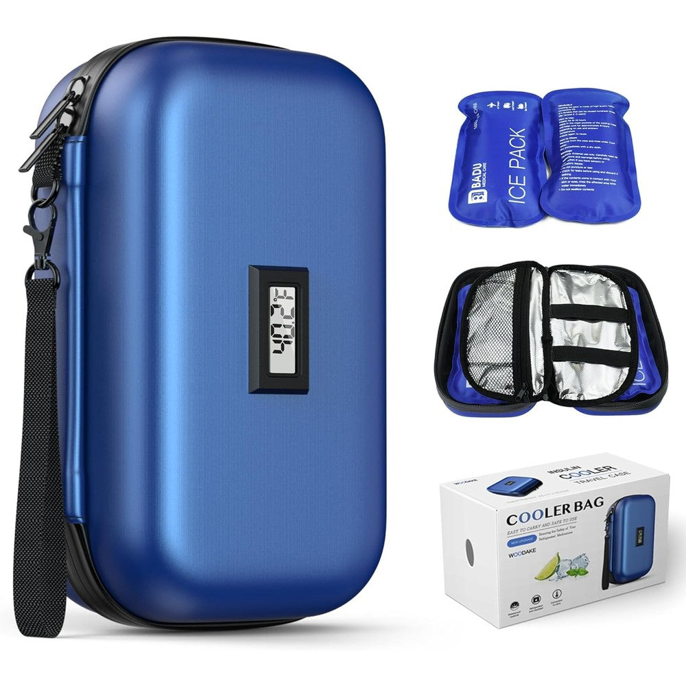 WOODAKE Insulin Cooler Travel Case bright orange front view showing digital temperature display.