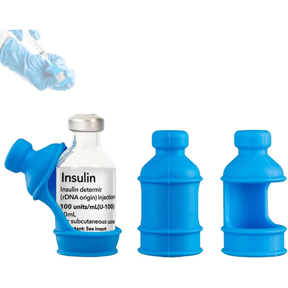 Sijidou insulin vial protector sleeve pack front view showing durable blue silicone case on short bottle