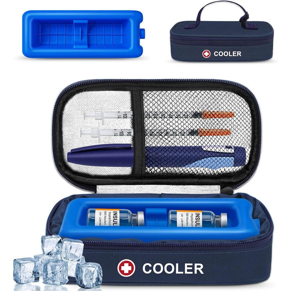 Icimbi insulin vial cooler travel case front view showing navy blue insulated exterior fabric