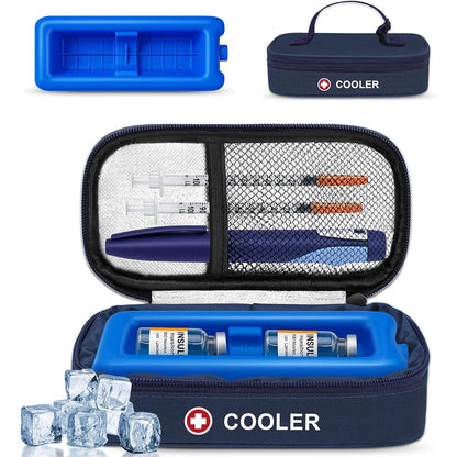 Icimbi insulin vial cooler travel case front view showing navy blue insulated exterior fabric