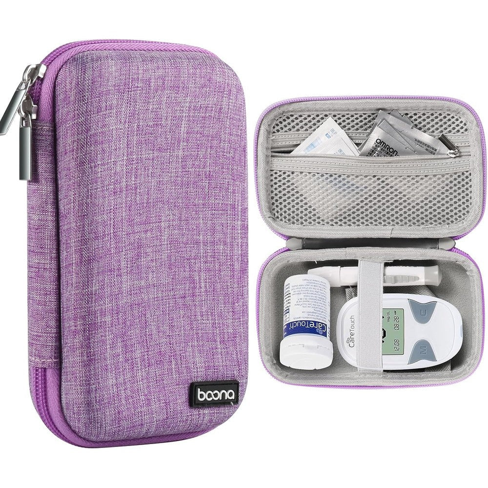 Seqoiyia diabetes travel case front view showing the durable purple hard shell exterior