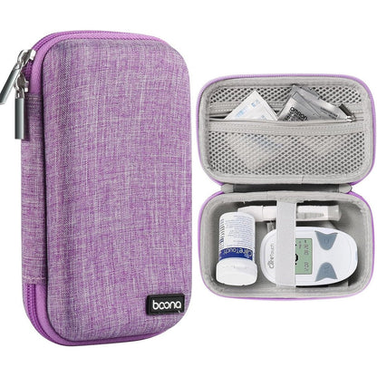 Seqoiyia diabetes travel case front view showing the durable purple hard shell exterior