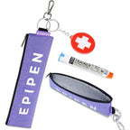 Suzamed portable insulated epipen carry case front view showcasing purple color and red cross symbol