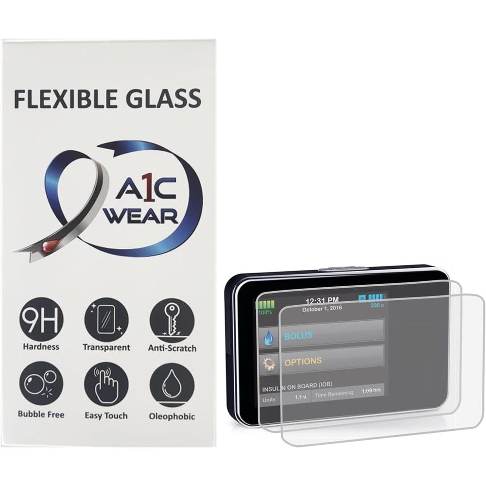 A1C WEAR 9H flexible glass screen protector front view packaging for Tandem insulin pumps