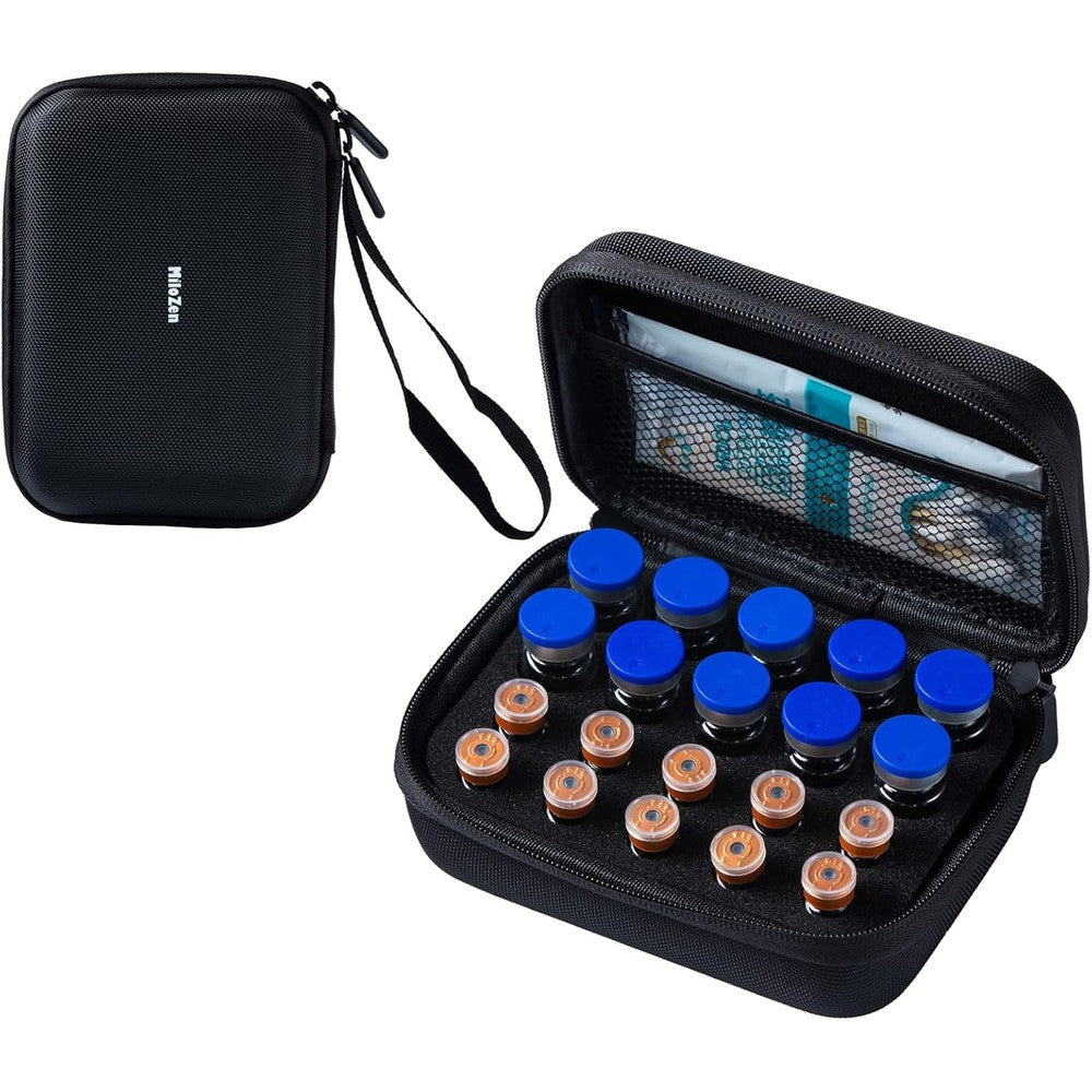 MiloZen peptide and insulin vial storage case front view in black