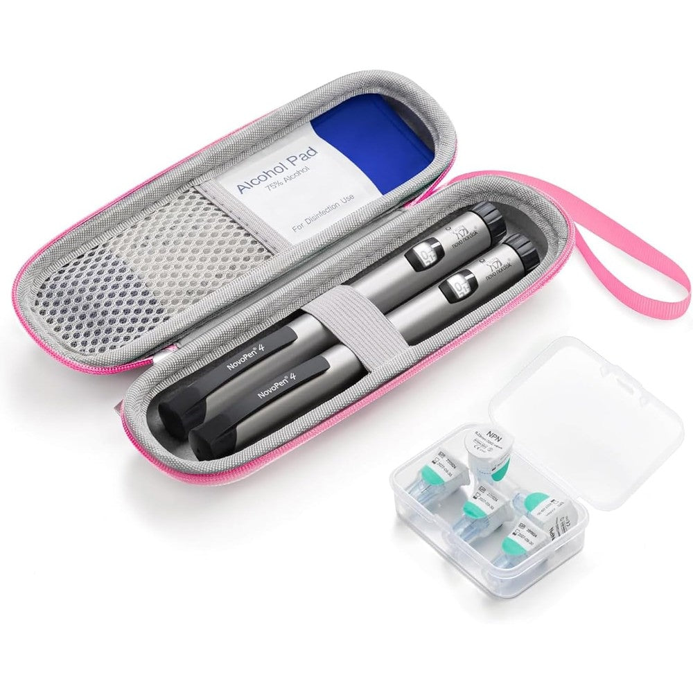 Sijidou insulin cooler travel case front view of the pink portable medical organizer bag.