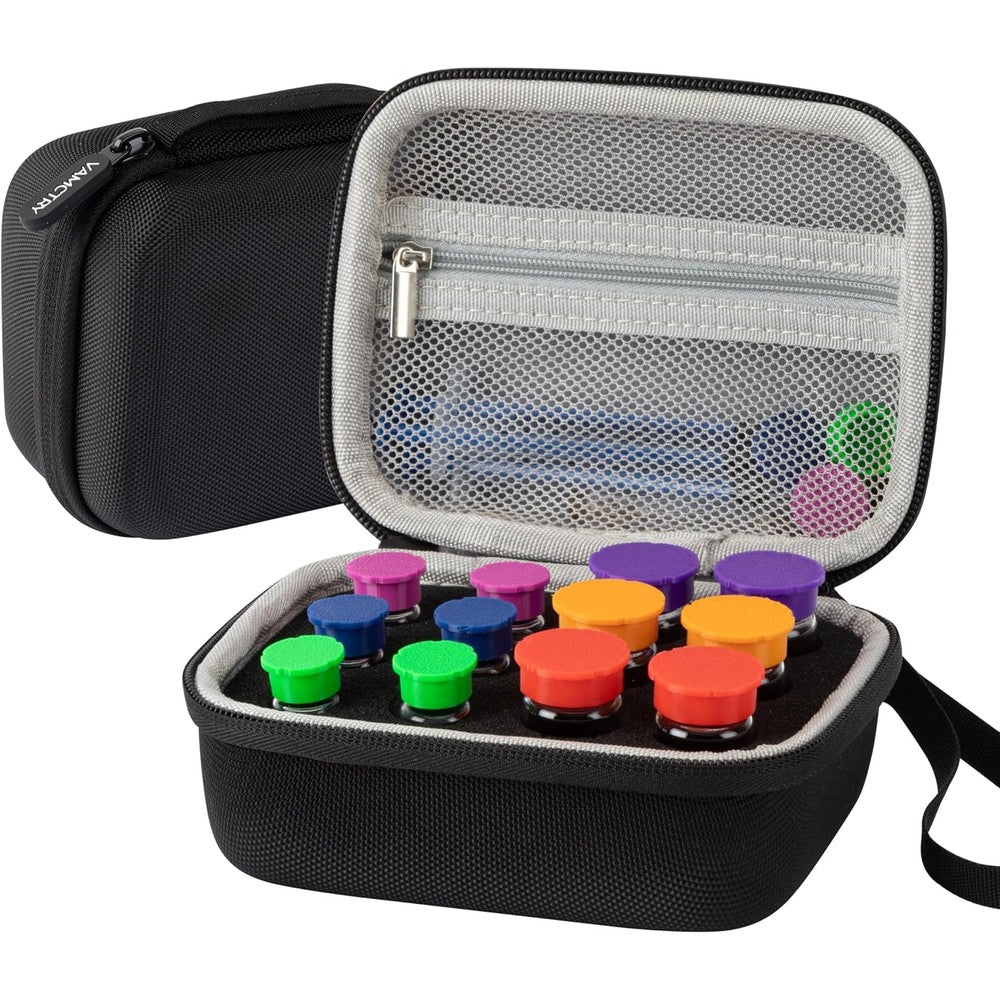 Vamctry 12 Slots Insulin Vial Protector Case front view showing the durable black EVA hard shell exterior.