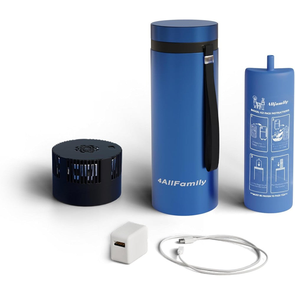 4ALLFAMILY Explorer insulin cooler travel case front view showcasing the blue stainless steel body