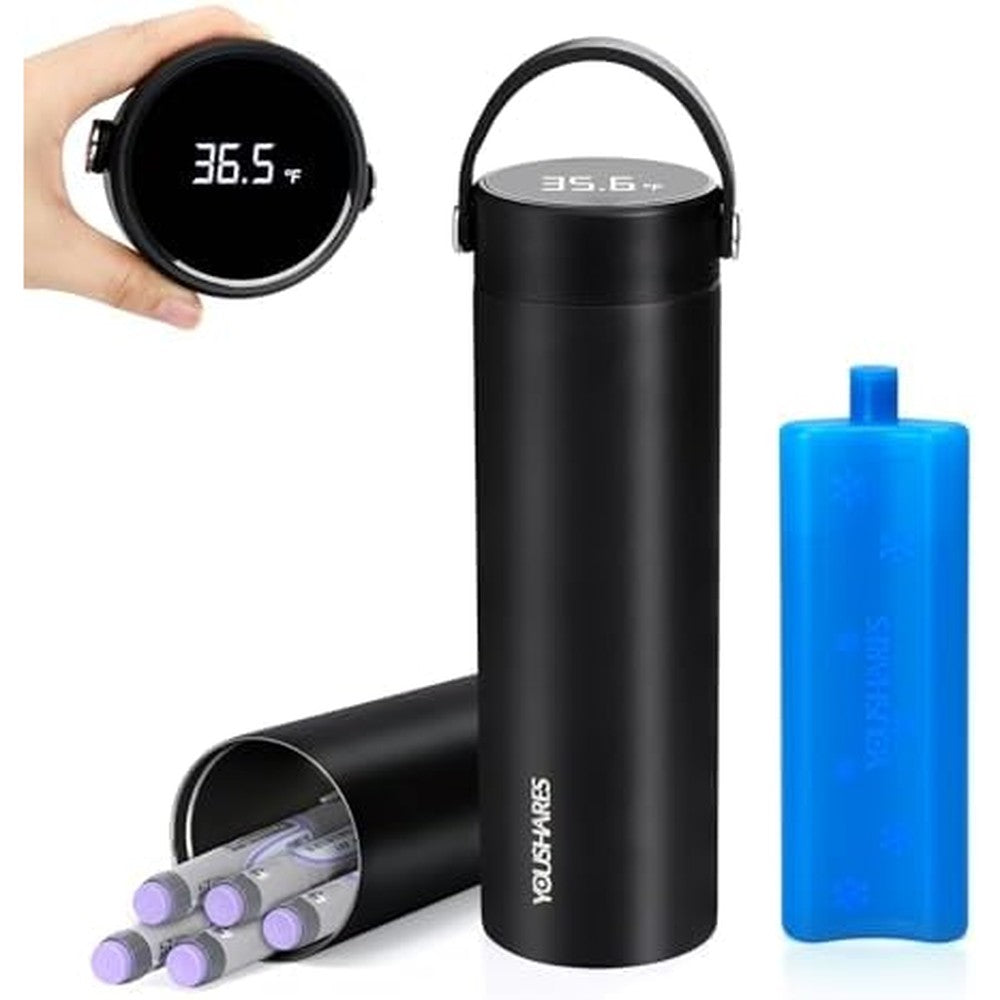YOUSHARES insulin cooler travel case front view showing the digital temperature display lid