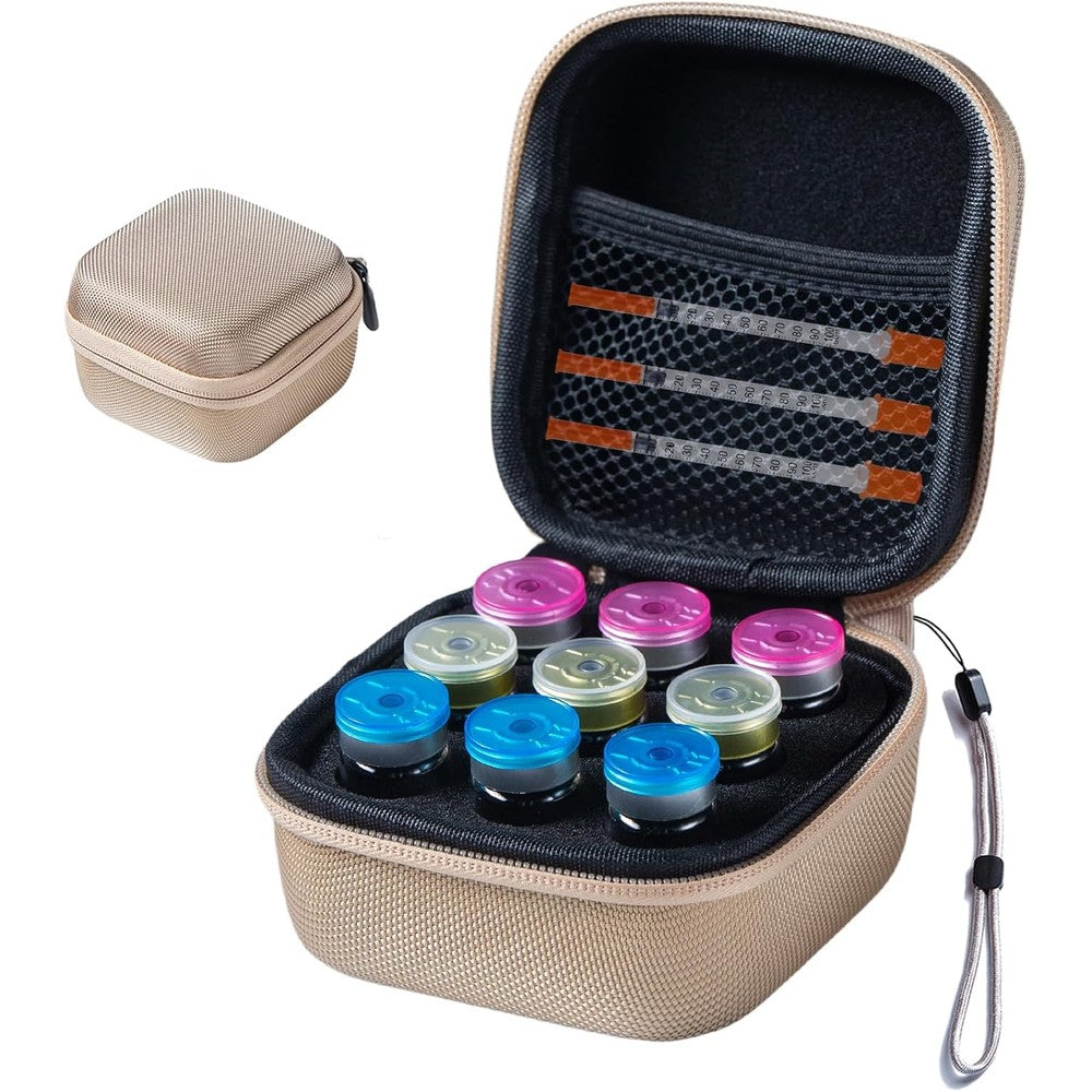 JFGLORIX insulin fridge holder storage case front view showing compact gold exterior zipper closure