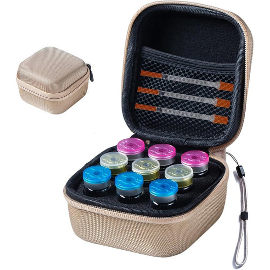JFGLORIX insulin fridge holder storage case front view showing compact gold exterior zipper closure
