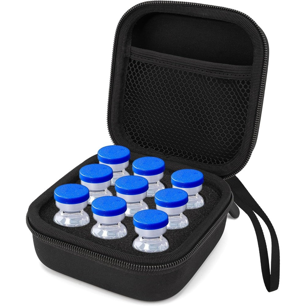 SMYV Insulin Vial Holder Storage Case front view showing black waterproof exterior and carrying strap.