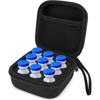 SMYV Insulin Vial Holder Storage Case front view showing black waterproof exterior and carrying strap.